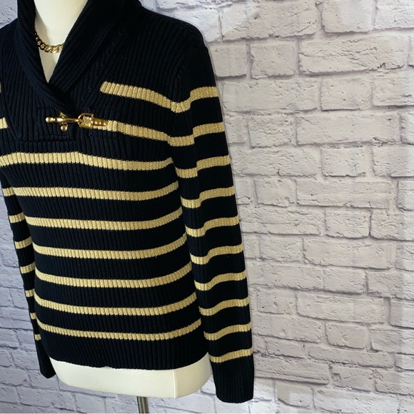 Ralph Lauren Vintage Black Metallic Gold Striped Shawl Collar Gold Clasp Sweater - Picture 4 of 7